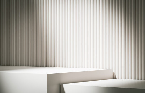 White double podium or pedestal on beige background. Minimal cosmetic background for product presentation. 3d rendering. Cosmetic, beauty showcase. Horizontal display mockup