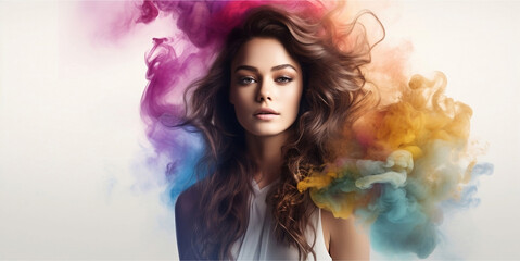 Fototapeta premium Women faces smoke colour, horizontal copy space on pastel pink background. Illustration AI.