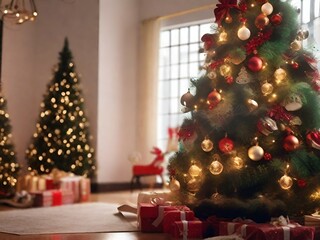 Christmas tree with presents on wooden deck against green background. Space for text