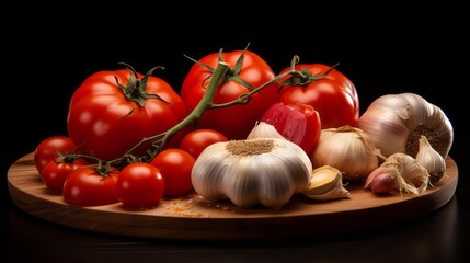On a black backdrop, a wooden plate holds tomatoes and garlic.