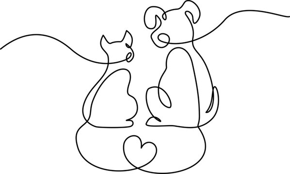 Cat and dog friends Love heart. Continuous one line drawing