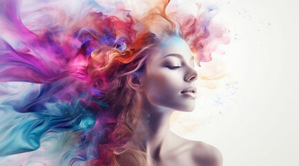 Women faces watercolor illustration, horizontal copy space on pastel pink background. Women faces color  illustration Ai , horizontal copy space on white background. Pretty  woman face in color smok