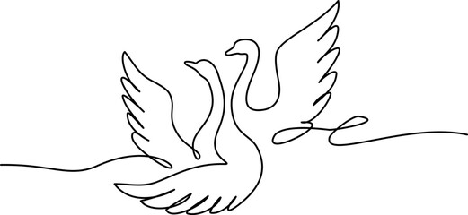 Cute swans couple swimming on lake sign. Continuous one line drawing