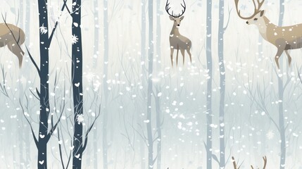  a couple of deer standing next to each other in a forest with snow on the ground and trees and snow falling on the ground and snow falling on the ground.