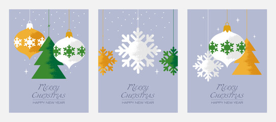 Decorative snowflake, toy and pine on a blue background. Merry Christmas and Happy New Year greeting cards. Set of 3 vector illustration.	