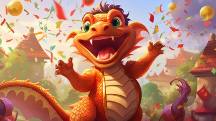  a dragon with its mouth open standing in front of a bunch of confetti and confetti falling off of it's sides and a sky filled with confetti.