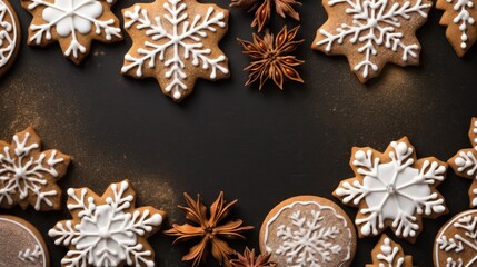  a table topped with lots of cookies covered in frosting and sprinkled with stars and snowflakes on top of each one of the cookies is surrounded by other cookies.