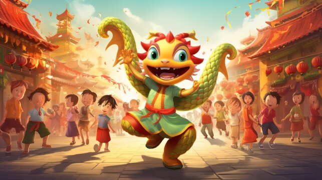  a cartoon picture of a dragon dancing in front of a group of children in a chinese temple with confetti falling from the sky and confetti on the ground.