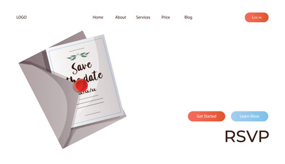 Landing page with wedding greeting card, invitation in closeup envelope with wax seal. Wedding day accessories, decorations. Celebrate marriage, save the date ceremony poster, banner, cover, card