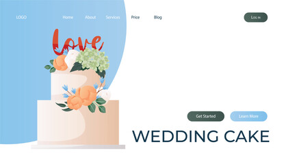Landing page with wedding two-tiered white cake with flowers, leaves, love sign. Bridal arrangements, botanical dessert. Wedding day accessories, decorations. Celebrate marriage, save the date poster