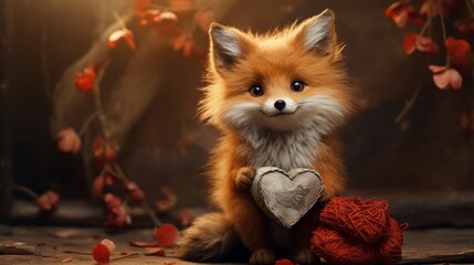 Little fox holding a red heart - obrazy, fototapety, plakaty