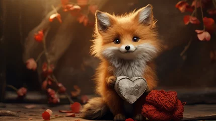 Fotobehang Little fox holding a red heart © maria_lh