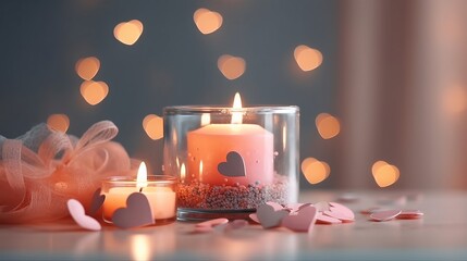 Romantic valentine day background with candles, heart and bokeh