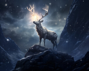 Christmas reindeer standing on a mountain glowing with sky lights..New Year festive atmosphere.
