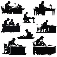 lawyer sitting at a desk reviewing documents vector man work illustration office business silhouette