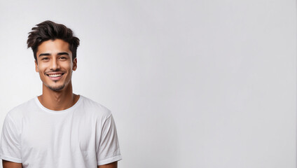 Young man smile isolated in white background, backdrop with copy space