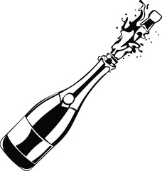 Cartoon Black and White Isolated Illustration Vector Of A Popped Champagne Bottle with Flying Cork
