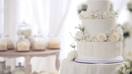  a wedding cake sitting on top of a table next to a table with cupcakes and a cake on top of a table with white frosting and flowers on it.