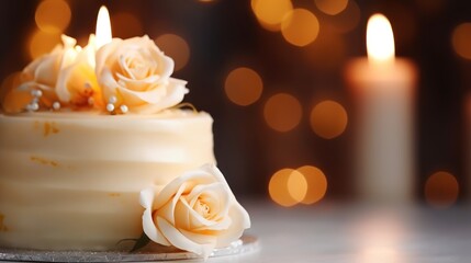  a close up of a cake on a table with candles in the background and a blurry boke of lights in the backgroup of the background.