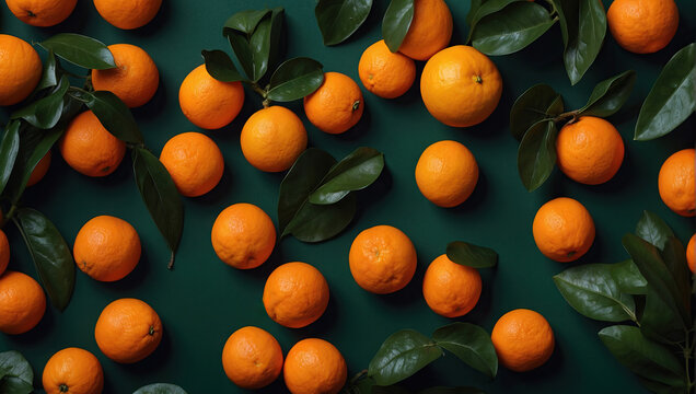 Oranges And Green Leaves On Dark Green Background