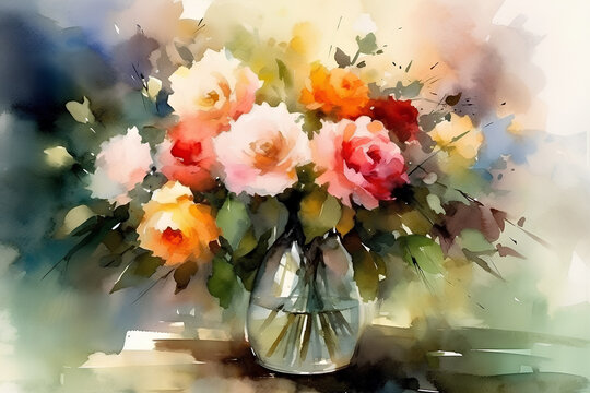 Bouquet of summer flowers in a glass vase, still life, watercolor painting