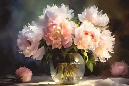 Bouquet of pink peonies in a glass vase on a table, still life, watercolor painting