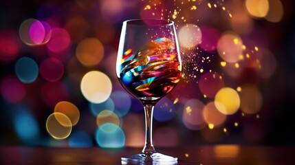  a close up of a wine glass on a table with a boke of lights in the background and a blurry boke of lights in the foreground.