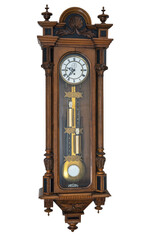 Very old decortated grandfather pendulum clock clock in wooden case isolated on white