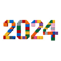 Colorful 2024 Year Formed by Lego Bricks On Transparent Background