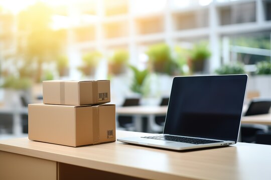  image with boxes on a desk, desk with a laptop