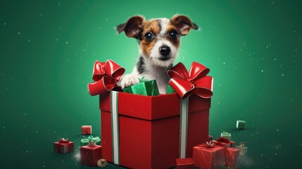  a small dog sitting inside of a red gift box with a green ribbon and bow around it's neck. - obrazy, fototapety, plakaty