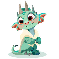 Green baby dragon with blanket on white background
