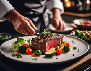 Chef in hotel or restaurant kitchen cooking only hands. Prepared beef steak with vegetable decoration.