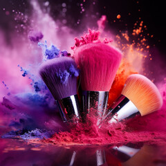 make up brush and colorful powder in the air