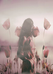 woman among poppies in a dreamlike atmosphere