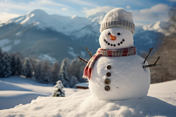 Obraz premium Snowman in a Beautiful Sunny Winter Day Cheerful snowman in a snowy meadow