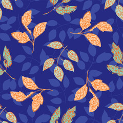 Tropical leaf vector seamless background pattern. Bright neon color background with leaves on indigo backdrop. Scattered sprigs all over print. Decorative botanical repeat for wrapping, wallpaper