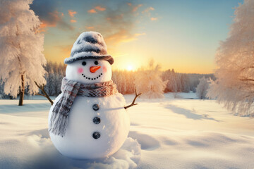 Obraz premium Snowman in a Beautiful Sunny Winter Day Cheerful snowman in a snowy meadow