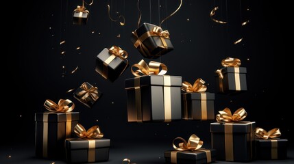  a group of black and gold presents with gold ribbons and streamers of gold confetti on a black background.