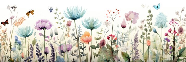 Obraz premium Abstract multicolor floral seamless pattern texture on a plain background. Beautiful flowers, leaves. Vector, wallpaper or banner. Great for children, birth, celebration card. Generative AI, AI