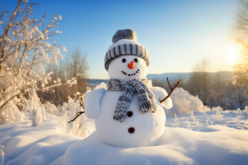Obraz premium Snowman in a Beautiful Sunny Winter Day Cheerful snowman in a snowy meadow