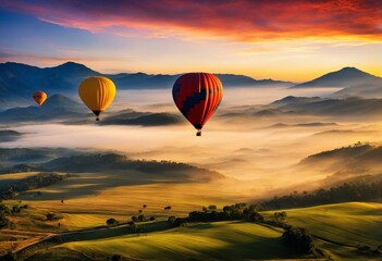 Heißluftballons fliegen über eine wunderschöne Landschaft