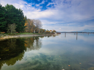 View of Hecate Park, Cowichan Bay, Vancouver Island, British Colombia, Canada with bright autumn colors