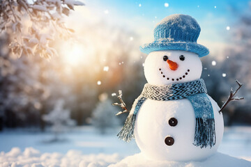 Obraz premium Snowman in a Beautiful Sunny Winter Day Cheerful snowman in a snowy meadow