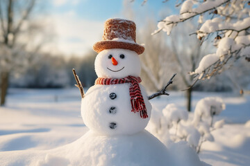 Obraz premium Snowman in a Beautiful Sunny Winter Day Cheerful snowman in a snowy meadow