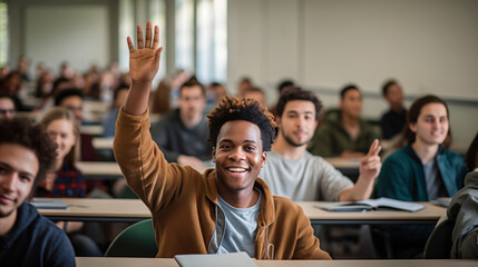 A Portrait of a Happy African-American University Student Raising Hand