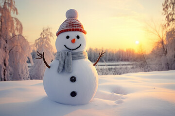Obraz premium Snowman in a Beautiful Sunny Winter Day Cheerful snowman in a snowy meadow