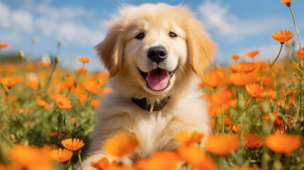  a golden retriever sitting in a field full of orange flowers with his mouth open and his tongue hanging out. - obrazy, fototapety, plakaty
