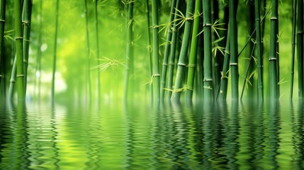  a painting of a bamboo tree reflected in a body of water with green reeds in the foreground and a blue sky in the background. - obrazy, fototapety, plakaty