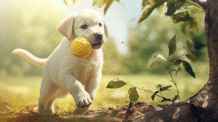  a puppy holding a tennis ball in its mouth while standing on a tree stump in a field with grass and trees in the background.